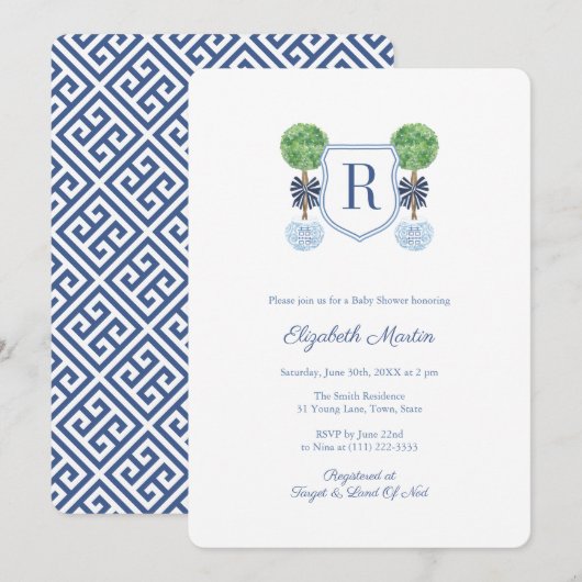 Smart Boxwood Monogram Crest Boy Baby shower Party Kaart (Voorkant / Achterkant)