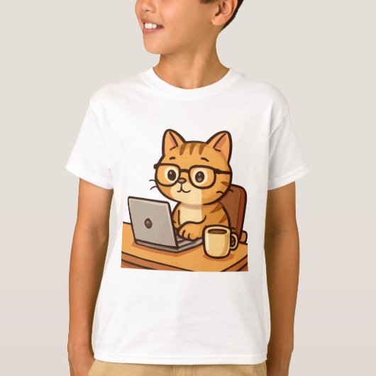 Smart Cat Werken vanuit Huis Illustratie T-shirt (Voorkant)