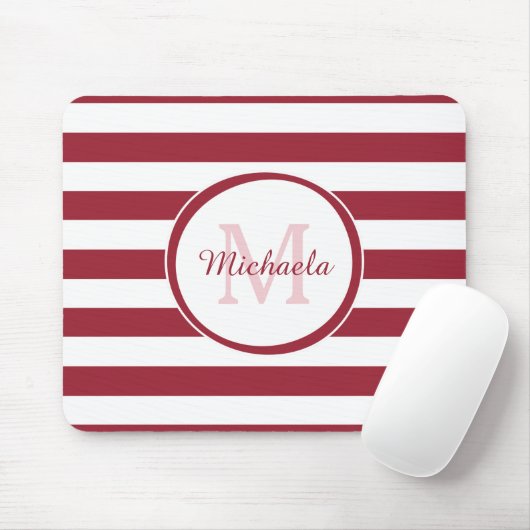 Smart Crimson Red Awning Stripes Name en Monogram Muismat (Met muis)