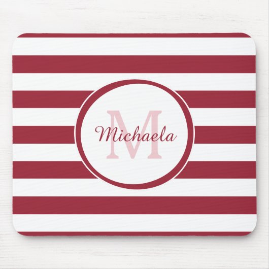 Smart Crimson Red Awning Stripes Name en Monogram Muismat (Voorkant)