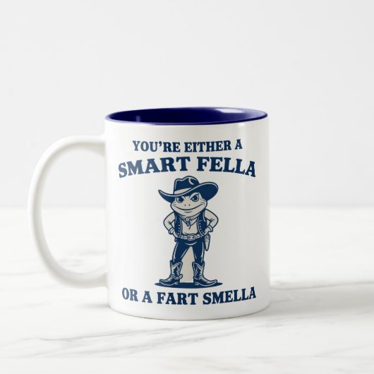 Smart Fella or Fart Smella Retro Frog Meme Funny Tweekleurige Koffiemok (Links)