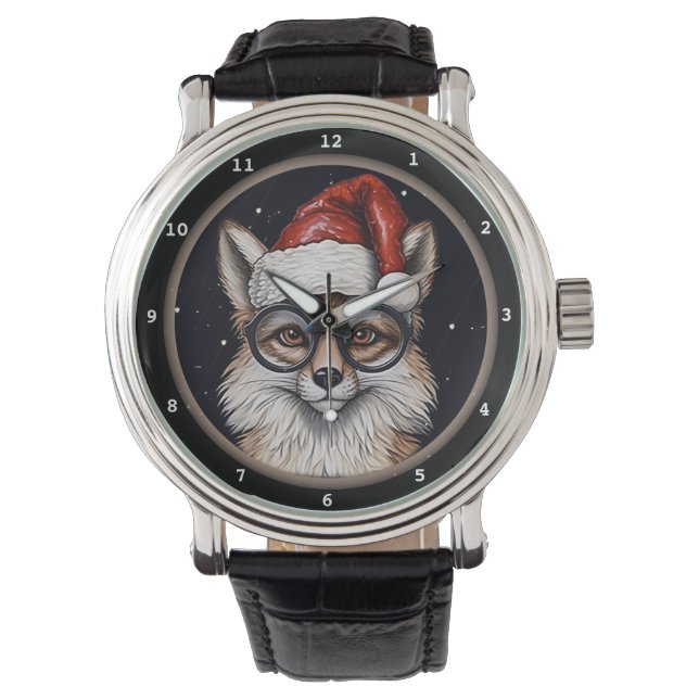 Smart Fox Christmas Hat Image Horloge (Voorkant)