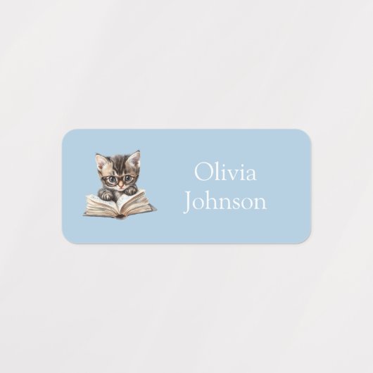 Smart Kitten with Glasses Blue Name Labels (Design 2)