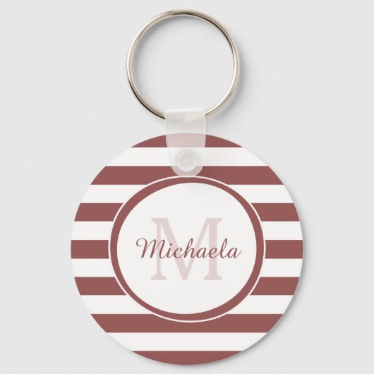 Smart Marsala Red Monogram Zelfs Stripes en Naam Sleutelhanger (Voorkant)