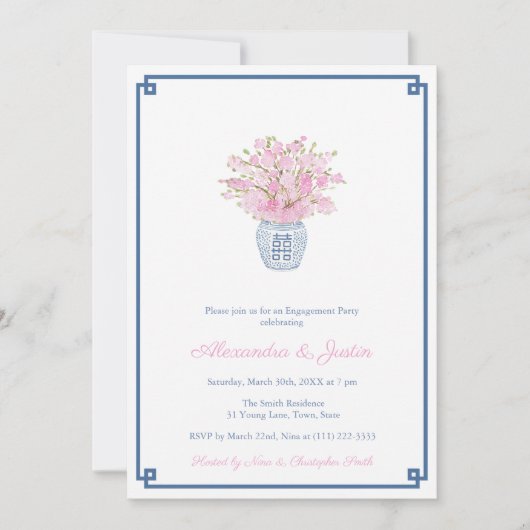 Smart Navy Blauw & Roze Ginger Jar Verlovingsfeest Kaart (Voorkant)