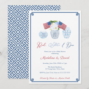 Smart Red White Due Chinoiserie Baby shower Party Kaart