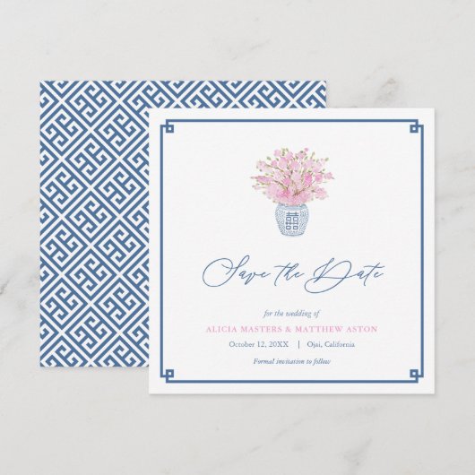 Smart Roze Marine Blauw Chinoiserie Vaas Bruiloft Save The Date (Voorkant / Achterkant)