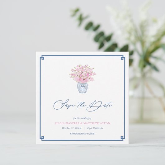 Smart Roze Marine Blauw Chinoiserie Vaas Bruiloft Save The Date (Staand voorkant)
