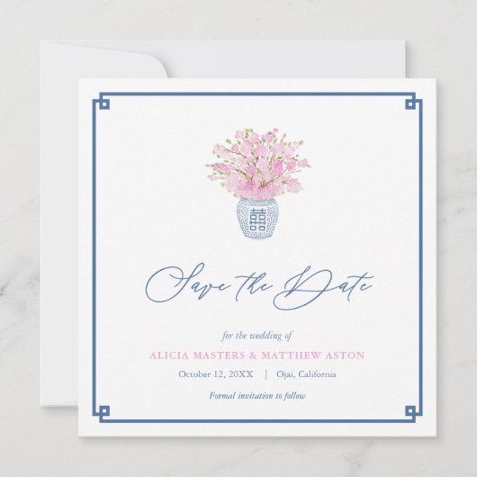 Smart Roze Marine Blauw Chinoiserie Vaas Bruiloft Save The Date (Voorkant)
