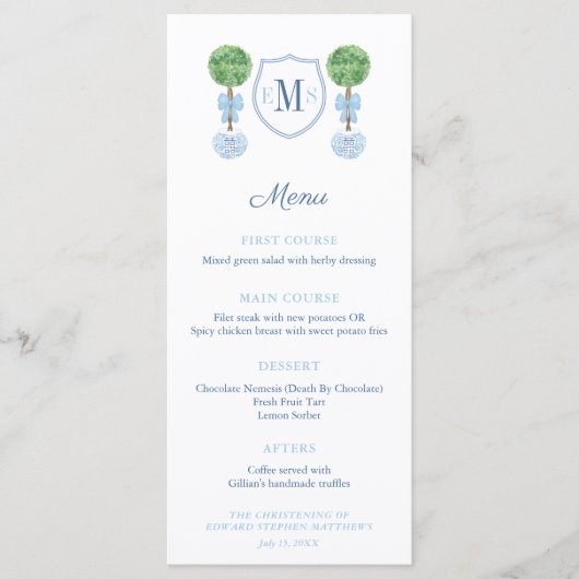 Smart Topiary Baby Boy Baptisme Party Reception Menu (Voorkant)