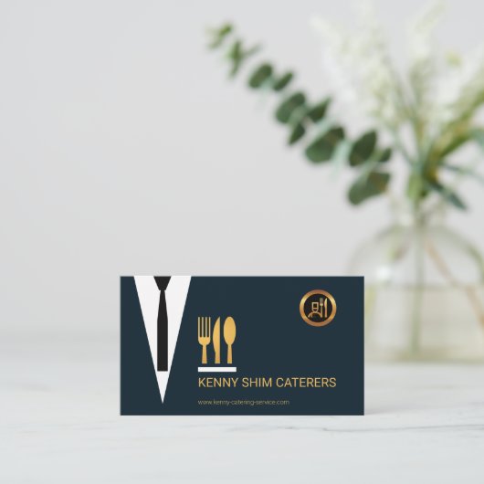 Smart Waiter's Blue Suit Gold Cutlery Utensils Visitekaartje (Staand voorkant)