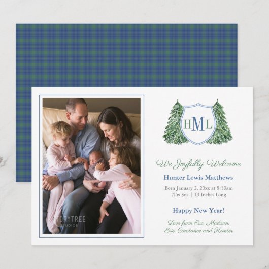 Smart Winter Blauw Groen Foto Baby Jongen Geboorte Aankondiging (Voorkant / Achterkant)
