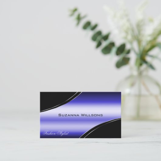 Smart zwart en blauw gebogen decor lijnen glinster visitekaartje (Staand voorkant)