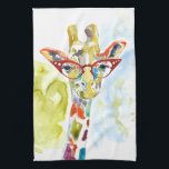 Smarty-Pants Giraffe Theedoek<br><div class="desc">Deze afdruk van de waterverf is voorzien van een kleurrijke giraf in eierpassen | Door Jennifer Goldberger</div>