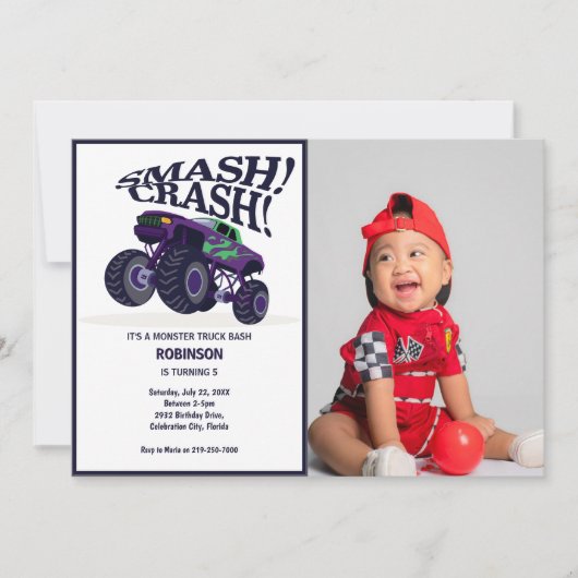 Smash Crash - Moderne Paarse Monster Truck Foto Kaart (Voorkant)
