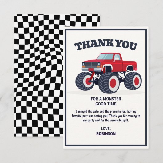 Smash Crash- Moderne Rode Monster Truck Verjaardag Bedankkaart (Voorkant / Achterkant)