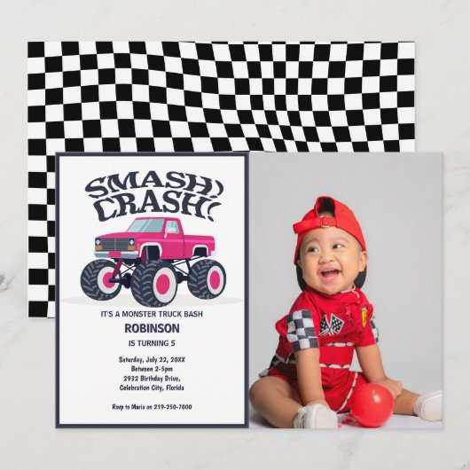 Smash Crash - Moderne Roze Monster Truck Foto Kaart (Voorkant / Achterkant)