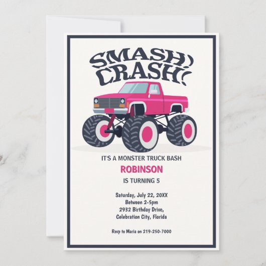 Smash Crash - Moderne Roze Monster Truck Verjaarda Kaart (Voorkant)