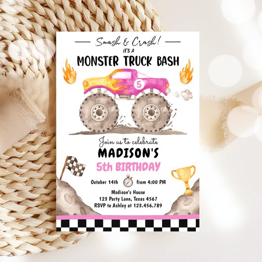 Smash Crash Monster Truck Bash Pink Girl Verjaarda Kaart