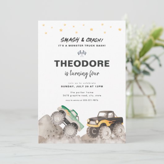 Smash & Crash Monster Truck Birthday Invitation Kaart (Staand voorkant)