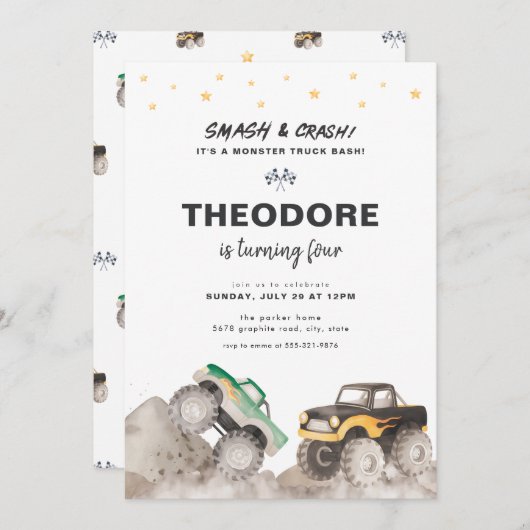 Smash & Crash Monster Truck Birthday Invitation Kaart (Voorkant / Achterkant)