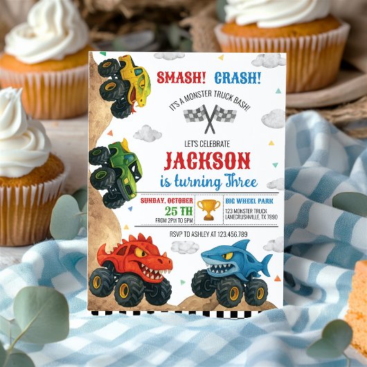 Smash Crash Monster Truck Kids Verjaardagsfeest Kaart