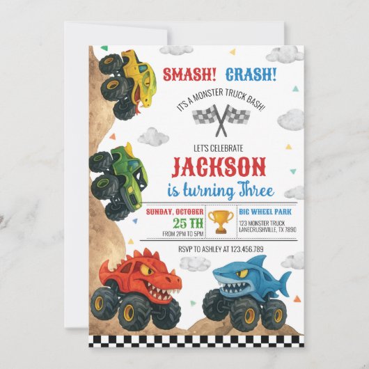 Smash Crash Monster Truck Kids Verjaardagsfeest Kaart (Voorkant)