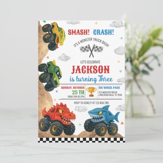 Smash Crash Monster Truck Kids Verjaardagsfeest Kaart (Staand voorkant)