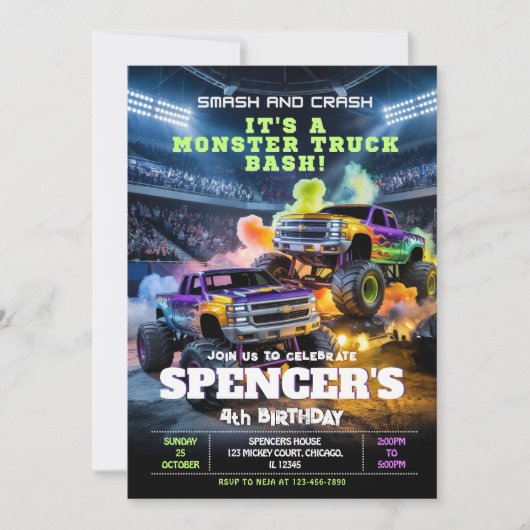 Smash & Crash Monster Truck Verjaardag Uitnodiging (Voorkant)