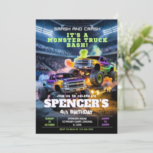 Smash & Crash Monster Truck Verjaardag Uitnodiging (Staand voorkant)