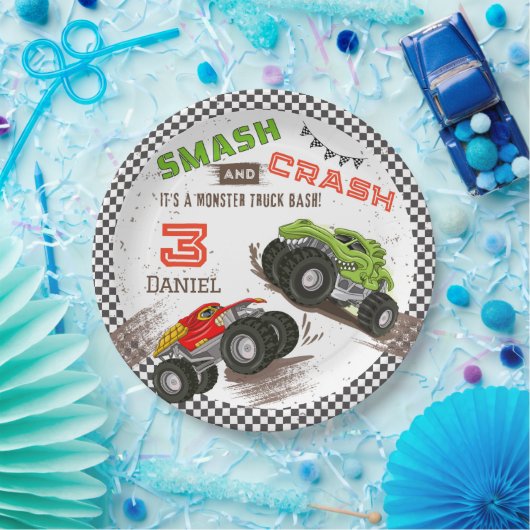 Smash en Crash Monster Truck 3e verjaardag Papieren Bordje (Feest)