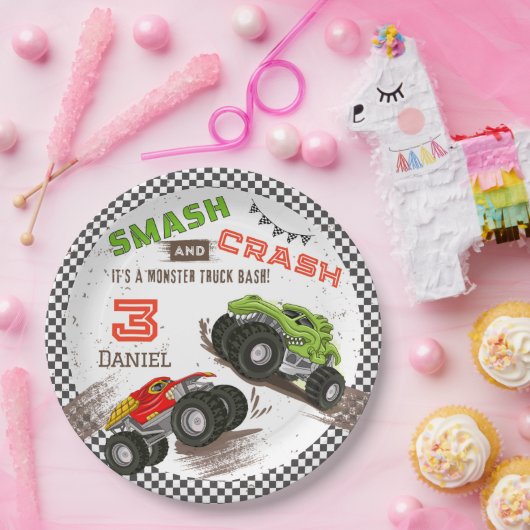 Smash en Crash Monster Truck 3e verjaardag Papieren Bordje (Feest)