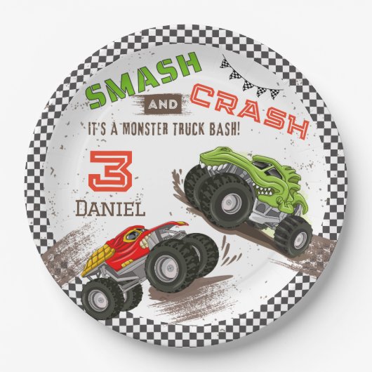 Smash en Crash Monster Truck 3e verjaardag Papieren Bordje (Voorkant)