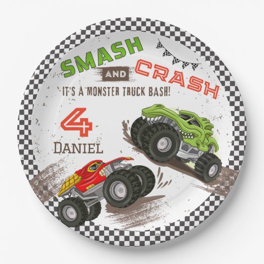 Smash en Crash Monster Truck 4e verjaardagsfeestje Papieren Bordje (Voorkant)