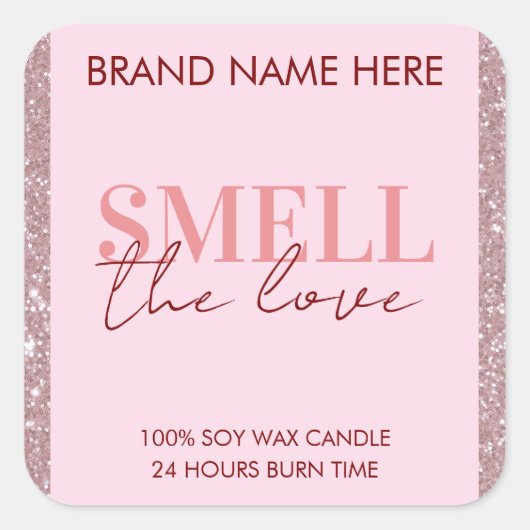 Smell The Love Custom Pink Glitter Candle Label (Voorkant)