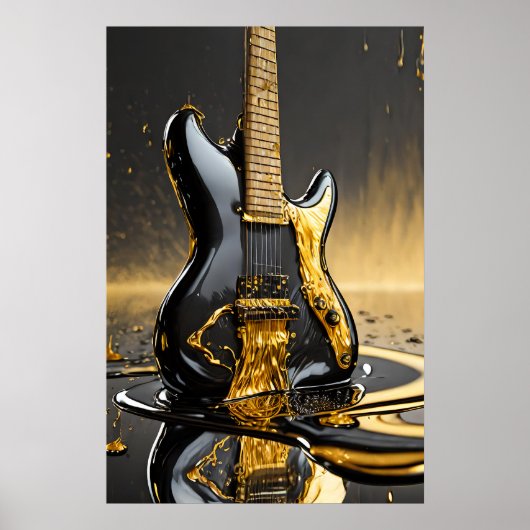 Smelten Metallic Gold & Black Guitar Poster Print (Voorkant)