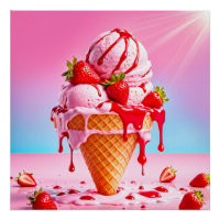 Smeltende aardbeienijskegel Glanzend Poster