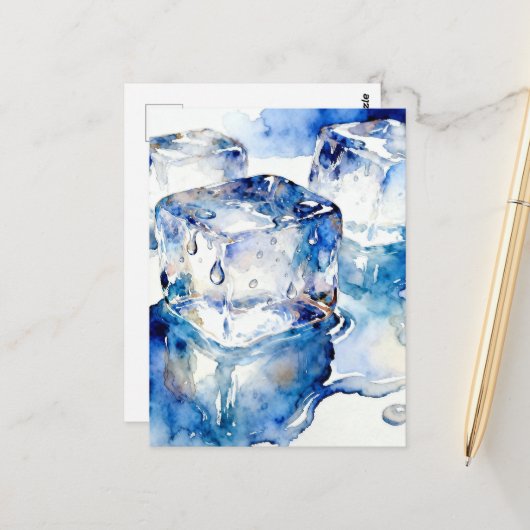 Smeltende ijsblokjes aquarel briefkaart (Voorkant / Achterkant in situ)