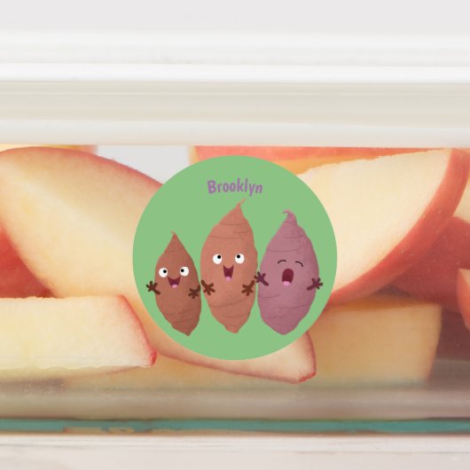 Smeltzingende zoete aardappelen cartoon-groenten labels (Aangebracht)