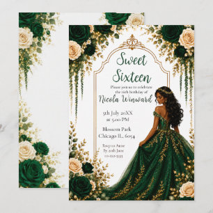 Smeraldgroene Gouden Bloemrijke Sweet Sixteen Fees Kaart