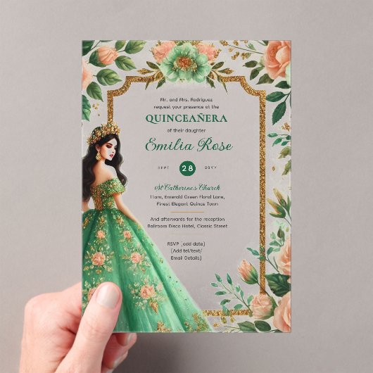 Smeraldgroene gouden Quinceanera-jurk bloemen Acryl Uitnodigingen (Insitu (Draagbaar))