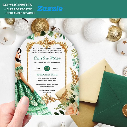 Smeraldgroene gouden Quinceanera-jurk bloemen Acryl Uitnodigingen
