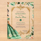 Smeraldgroene gouden Quinceanera-jurk bloemen Acryl Uitnodigingen (Voorkant)