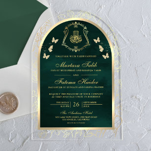 Smeraldgroene Gouden Vlinder Boog Moslim Bruiloft Acryl Uitnodigingen