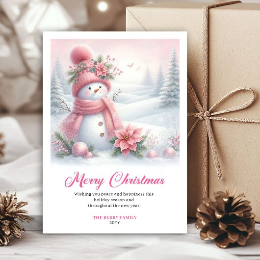 Smettende roze sneeuwman kinderen kerstkaart digit