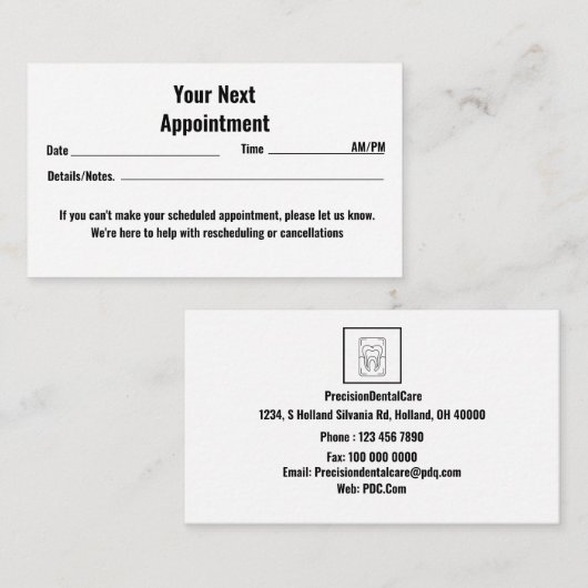 "Smile Bright: uw volgende tandheelkundige afspraa Afsprakenkaartje (Voorkant / Achterkant)