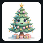 Smile Christmas Delight Vierkante Sticker<br><div class="desc">Breng wat feestvreugde aan uw dag met deze schattige cartoon-stijl kerstboom sticker! Met zijn grote glanzende ogen, vrolijke lach en zachte pastel ornamenten, is dit grillige ontwerp ideaal voor het verspreiden van vakantielust. Met een gouden ster aan de bovenkant en geschenkdozen rond de basis, is het een heerlijke aanvulling op...</div>
