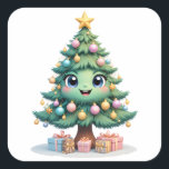 Smile Christmas Delight Vierkante Sticker<br><div class="desc">Breng wat feestvreugde aan uw dag met deze schattige cartoon-stijl kerstboom sticker! Met zijn grote glanzende ogen, vrolijke lach en zachte pastel ornamenten, is dit grillige ontwerp ideaal voor het verspreiden van vakantielust. Met een gouden ster aan de bovenkant en geschenkdozen rond de basis, is het een heerlijke aanvulling op...</div>