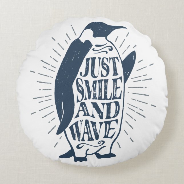 Smile en Wave Penguin Rond Kussen (Voorkant)