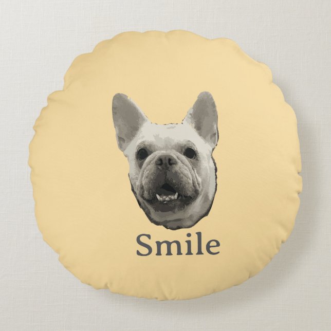 Smile French Bulldog Beige Rond Kussen (Voorkant)